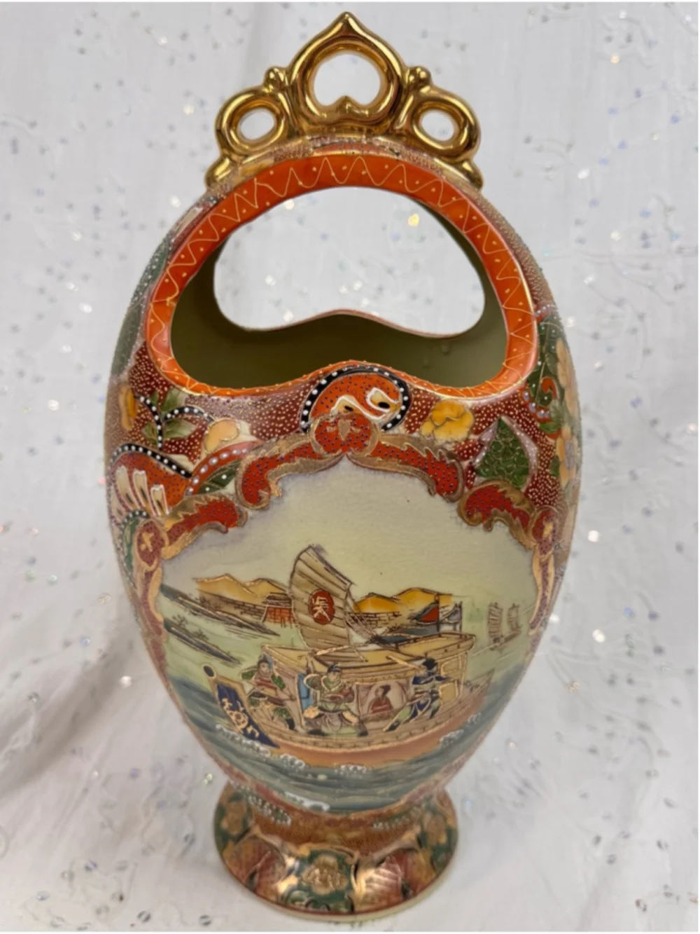 Vintage 1984 Chinese Satsuma Style Moon Flask Basket Vase 15” Gilded Chinoiserie